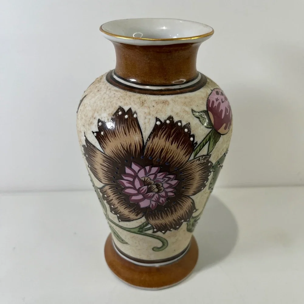 Vintage Ceramic Floral Vase Hand Painted Earthy Tones Boho Decor Art Pottery MCM